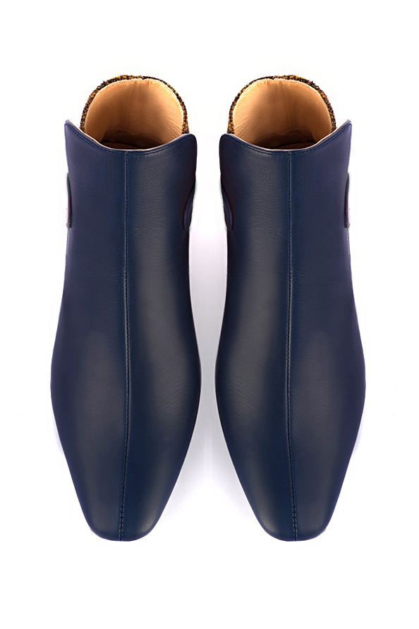 Women's navy blue and terracotta orange elegant ankle boots, with buckles at the back. Square toe. Flat flare heels - Top view